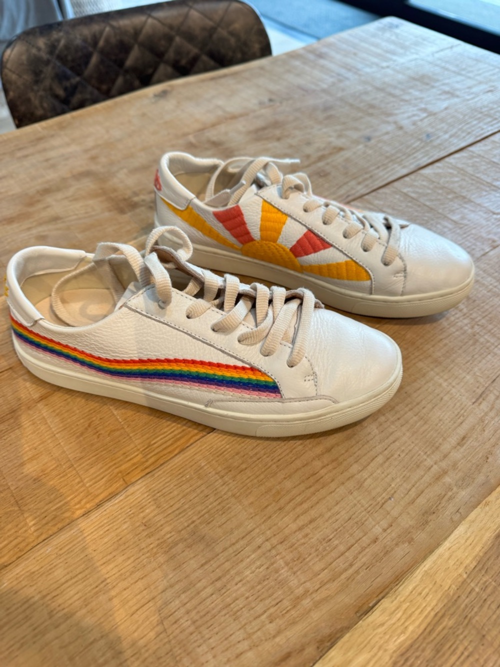 Kids White Sneakers with Rainbow & Sun Embroidered Accents